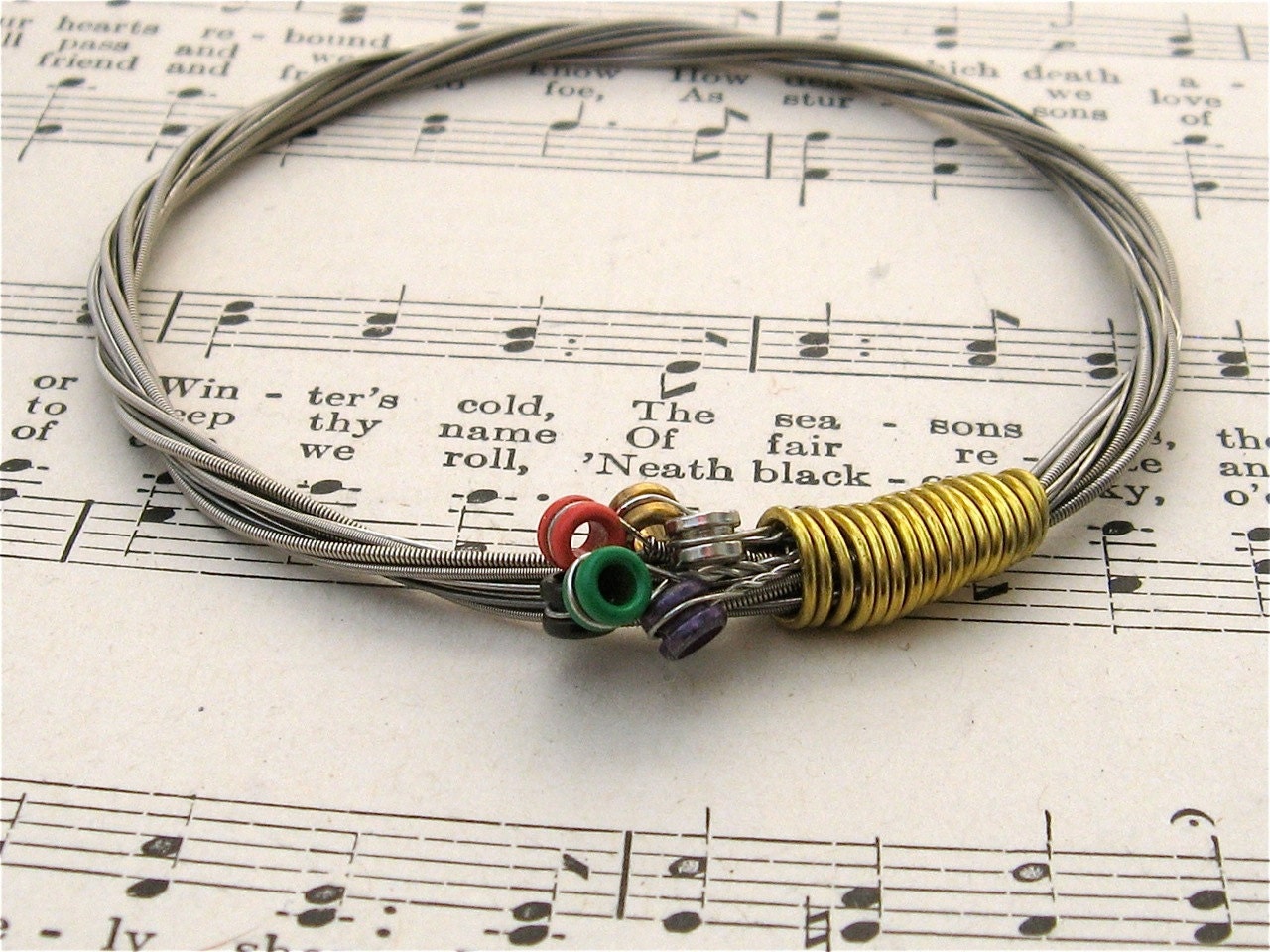 Recycled Electric Guitar String Bracelet silver colored with colored ball ends attached Unisex EXTRA SMALL Free shipping in US