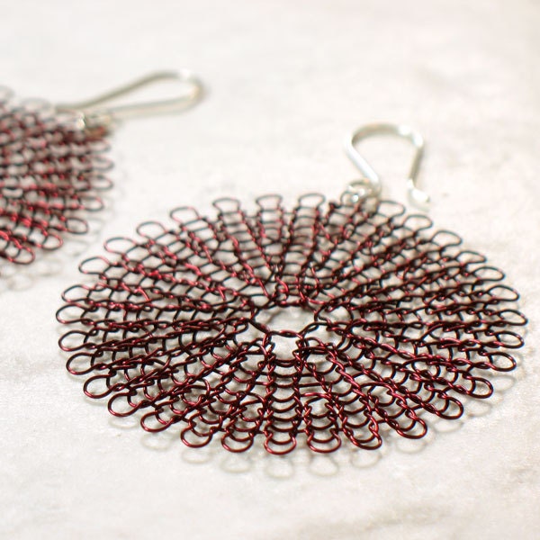 knit wire earrings, large in burgundy