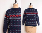 80s Hearts Sweater in Red White & Navy Blue - Womens S / M - Graphic Knit Pullover Jumper