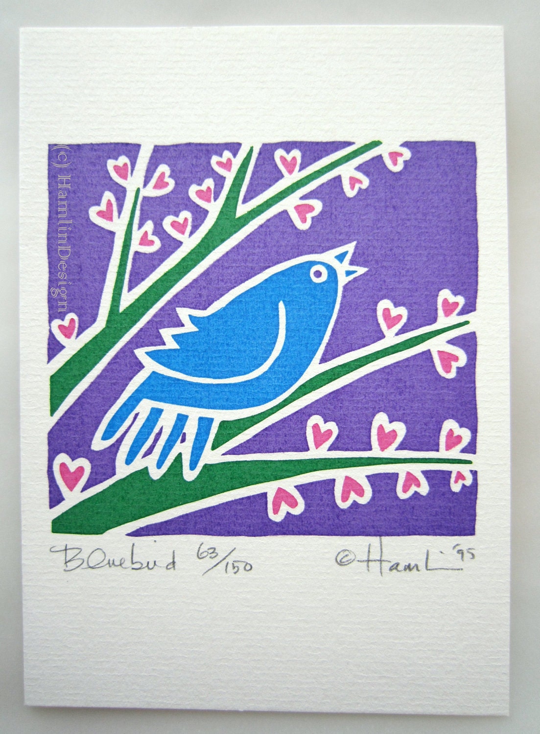 Valentine Spring Bluebird singing on heart flower branch Spring - one blank greeting card