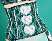 Black & Turquoise Lace Steel Boned Underbust Corset w. Heart Applique - SAMPLE SALE - Size Medium -  Handmade Vegan Bridal