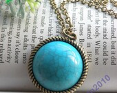 Pretty retro copper round shape blue turquoise pendant necklace jewelry vintage style