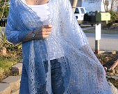 Victorian lace shawl hand knitted in a dusty blue mohair silk blend