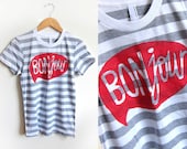 Grey and White HAND STENCILED Striped Word Bubble Rolled Cuffs Hello Bonjour Tee