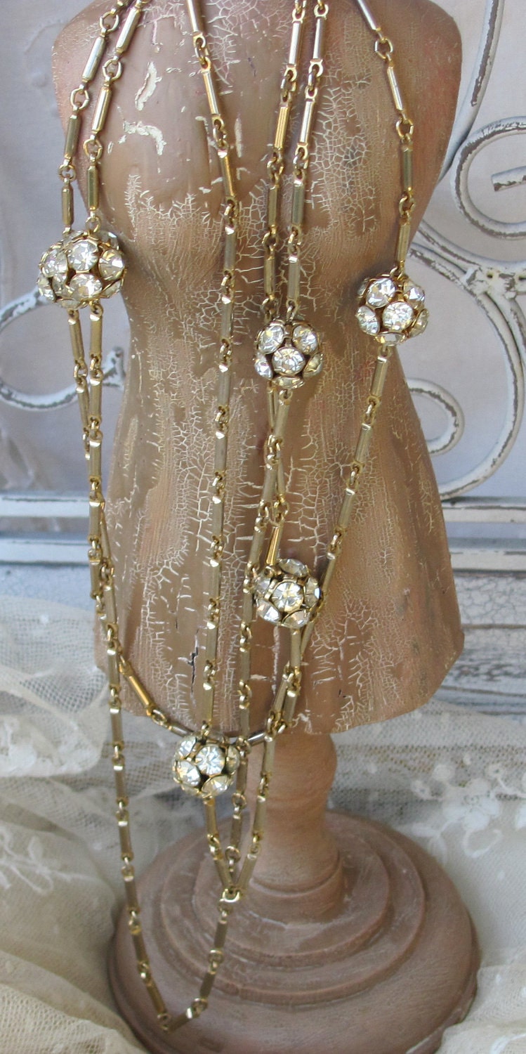 Vintage Rhinestone Bead Necklace Gold Tone