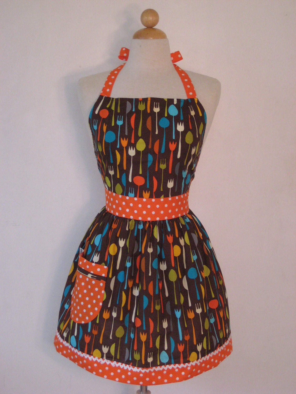 Apron Retro Style Utensils on Brown Full Apron CHLOE