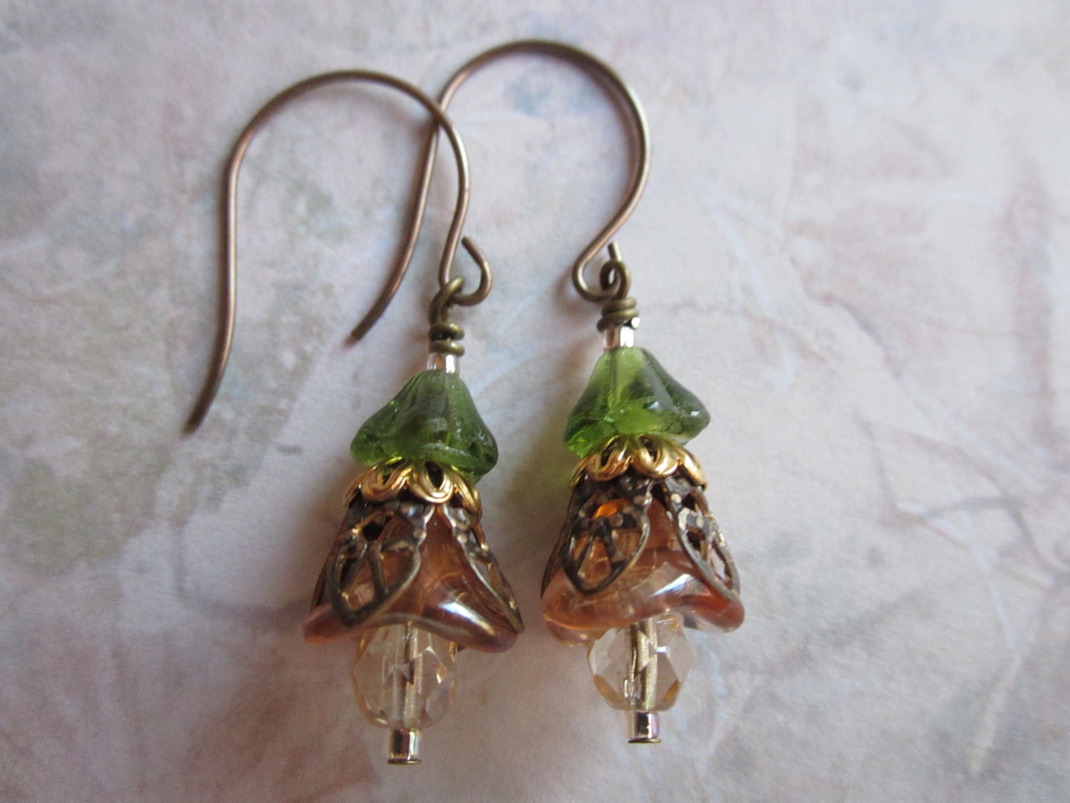 Brass Filigree Earrings with Pink & Green Bell Flowers, Vintaj, Handmade