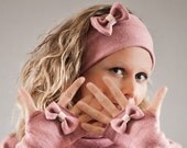 Pink Bow Gloves and Bow Headband Ear Warmers, Fancy Gloves, Vintage Inspired winter fashion