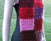Crochet Striped Scarf, Red, Rose, Brown, Pink, Maroon, and Purple Soft and Fuzzy Blocks