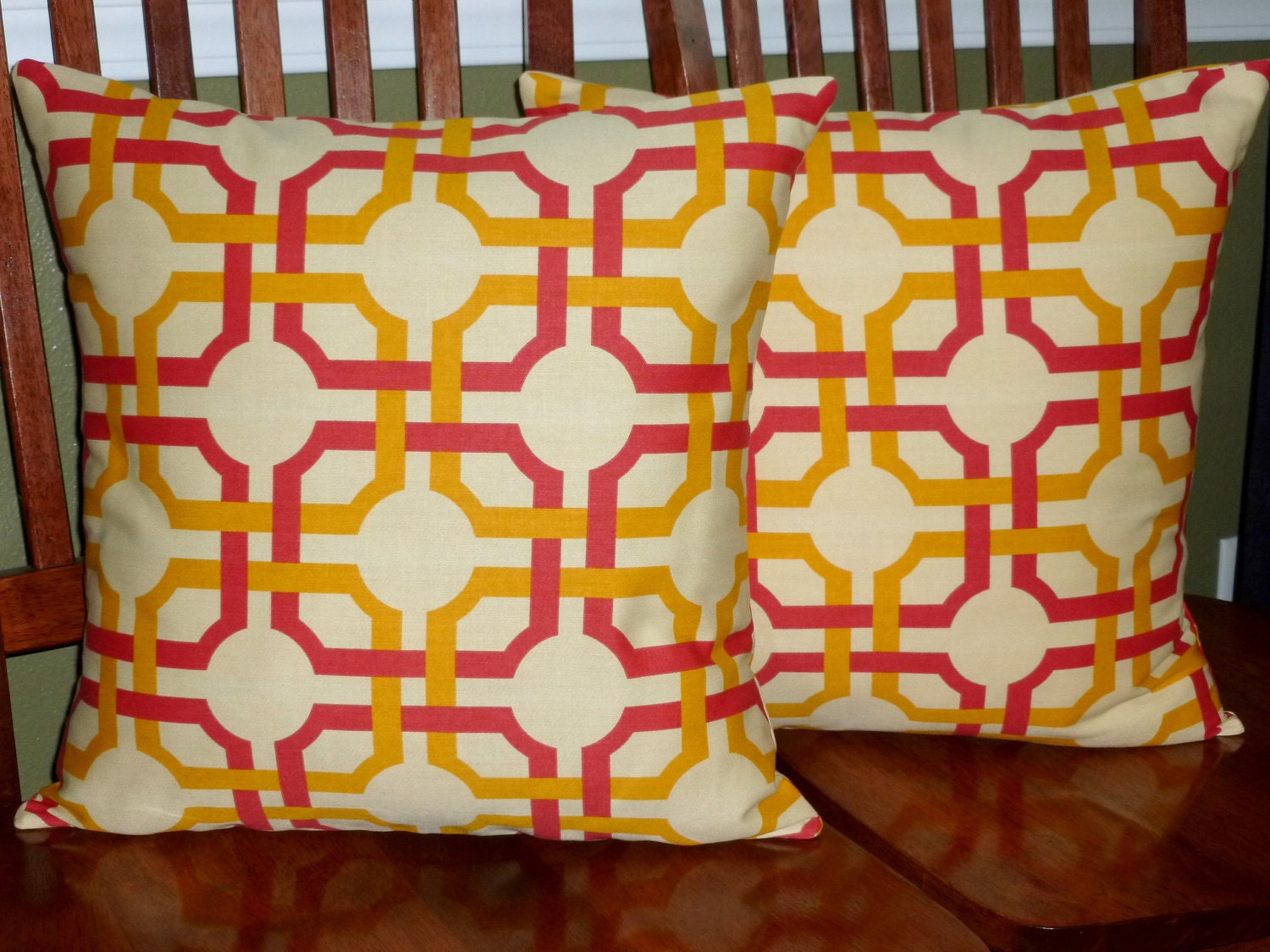 Decorative Accent Throw Pillow Covers - Two 18inch Red Tan and Gold