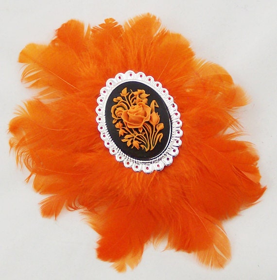 Orange Feather Fascinator Rose Cameo Hair Clip