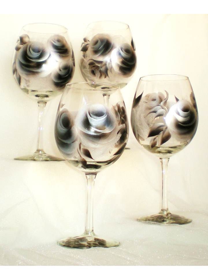 Painted Wine Glasses - Contemporary Hand Painted Black and Silver Roses - Set of 4 Wedding Anniversary Goblets