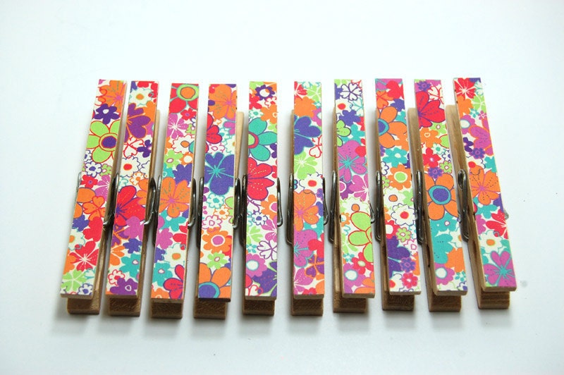 Floral Clothespins tropical bright flowers set of 10