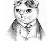 Steampunk Cat Print Scottish Fold Cat with Goggles from an Original Drawing - Iktomi