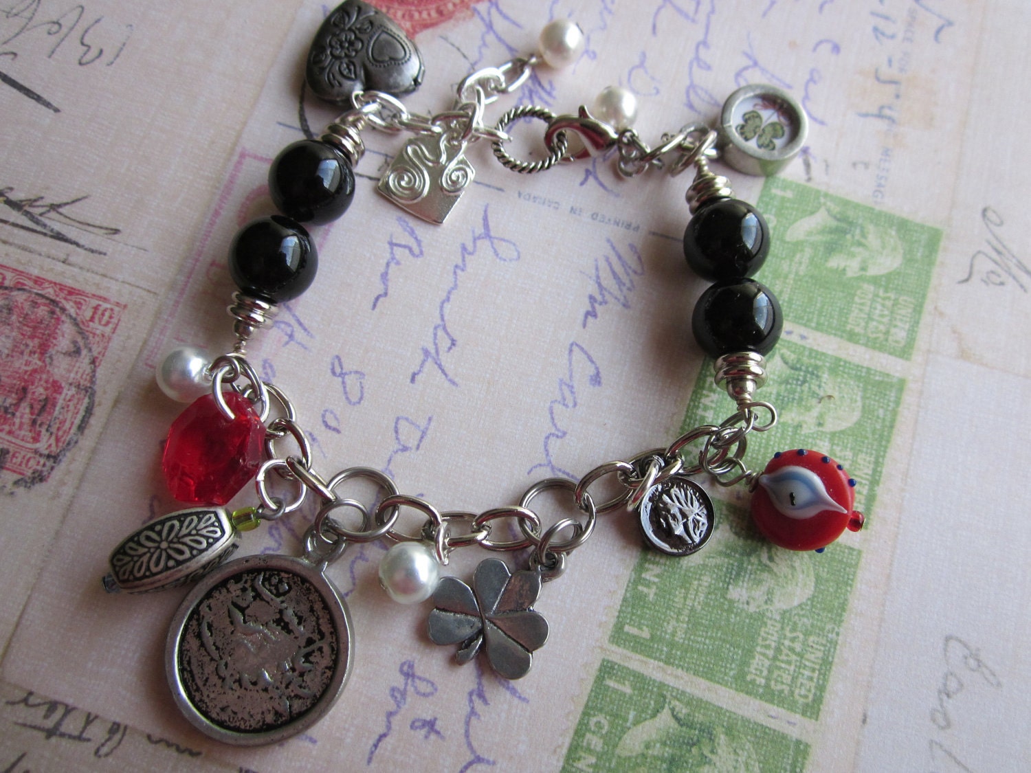 Lucky Charm Bracelet, Locket, Vintage Crystal, Evil Eye