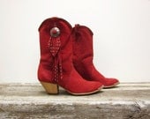 Red Cowboy Boots Suede with Studded Fringe Women's Vintage Size 7