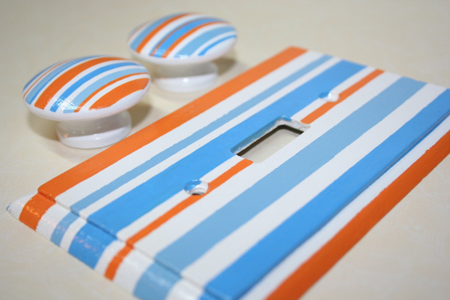 Orange, Light Blue, Ocean Blue and White Stripes Single Light Switch Cover-  Matching Knobs Available