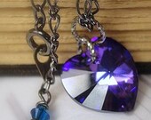 Purple Heart Necklace Oxidized Sterling Silver Swarovski Crystal Heart Cobalt Violet Blue Heart Jewelry