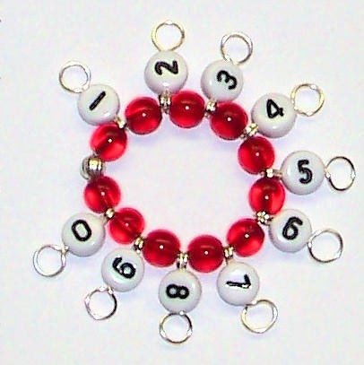 Snagfree Knitting Row Counter or Stitch Marker, Circular, Red Czech Glass Sock Size 5 US, 3.75 mm Complete Set Count to 110