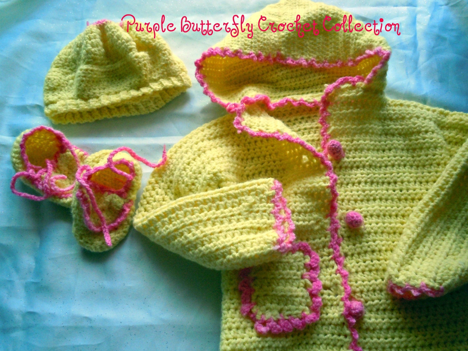 Crocheted Hooded Baby sweater, beret and bootee set