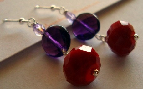 Red on Purple Dangle Earrings