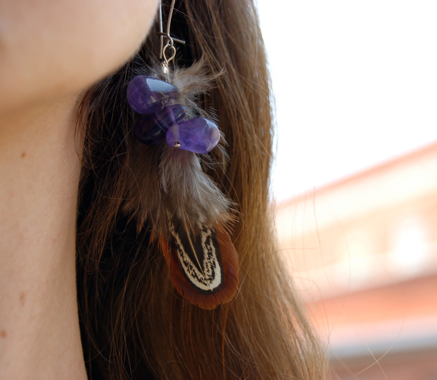 Purple Amethyst and Pheasant Feather Earrings