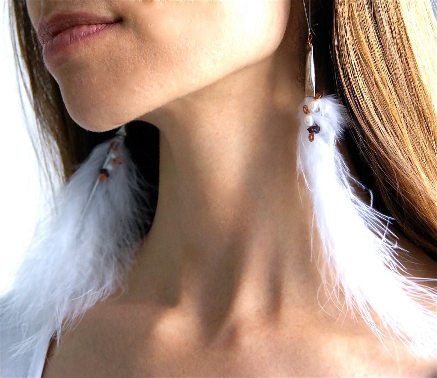 Feather Earrings with Biwa Pearl and Garnets