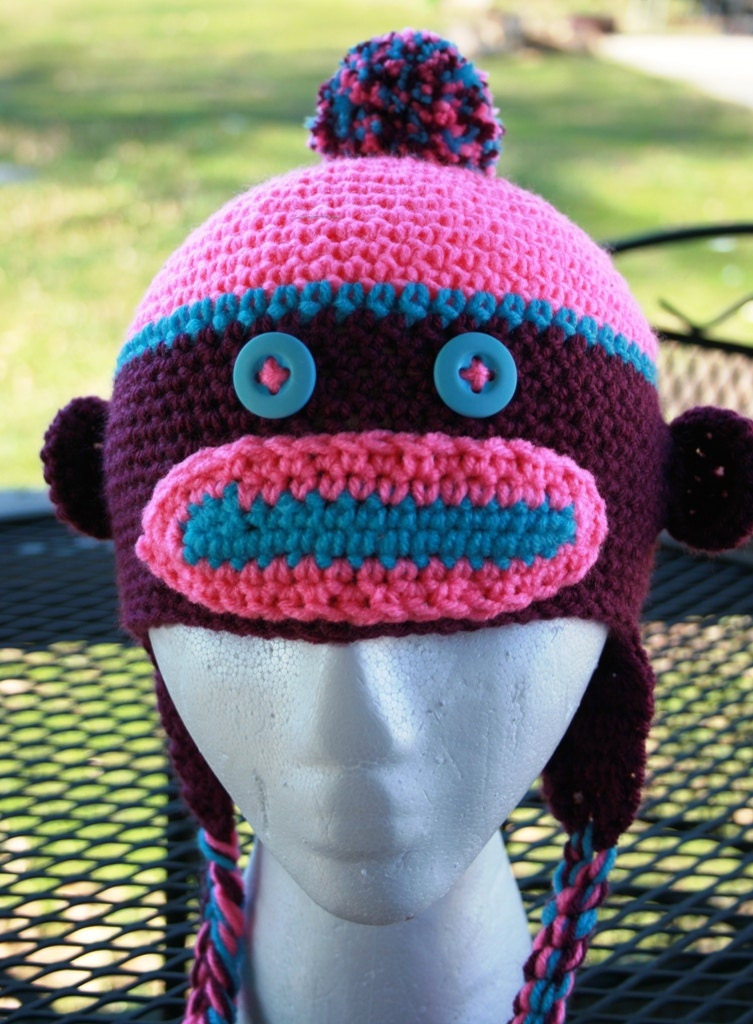 Bright Crochet Sock Monkey Hat     Hot Pink, Purple and Turquoise