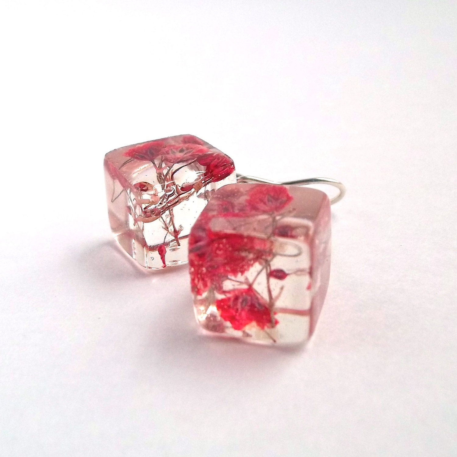 Red Resin Earrings. Floral Earrings. Pressed Flower Earrings.  Handmade Jewelry with Real Flowers - Red Baby's Breath