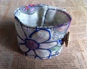 Wrist Cuff, Blue & Purple Flower Textile Bracelet, OOAK Art Jewelry by Everyday Bohemian on Etsy.