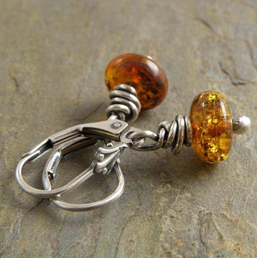 Amber Earrings: Golden Brown Amber, Wire-Wrapped, Oxidized Sterling Silver
