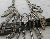 rhinestone fringe necklace, silver bib statement, vintage rosary
