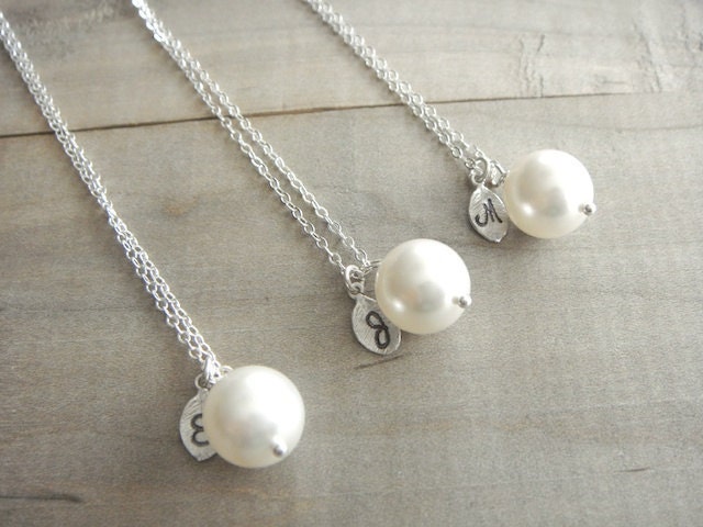 Bridesmaid Gift - 3 Cream or White Pearl Hand Stamped INITIAL Necklaces in Sterling Silver - choose pearl color