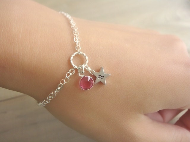 Personalized Hand Stamped Star Bracelet - choose your BIRTHSTONE and personalized LETTER - Bride, Bridal party, Bridesmaid