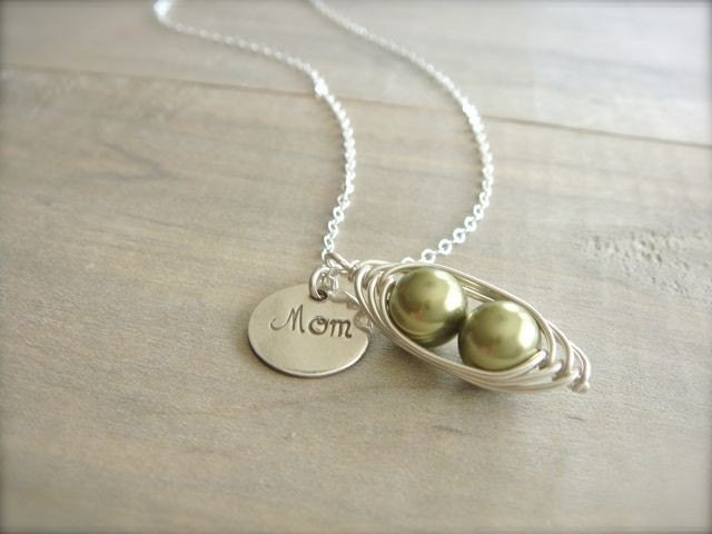 Mom's Personalized 2 Peas in a Pod Necklace - Pearls in Sterling SIlver with Personalized Disk - Choose Your PEARL COLOR - Mother's Day