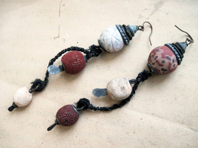 The Mendicant. Asymmetrical Tribal Assemblage Dangles with Ceramic Art Beads.