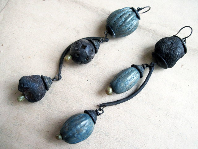 Enthrall. Rustic Asymmetrical Assemblage Dangles with Ceramic Art Beads.