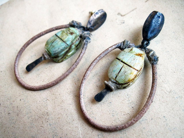 Of Bondage. Ceramic Scarabs with Leather Hoop. Rustic gypsy assemblage with rhinestones.