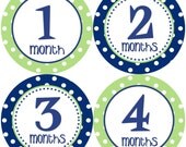 Baby Month Stickers - Boy Monthly Onesie Stickers Navy Blue Green Polkadot First Year Month Stickers Baby Shower Gift and Photo Prop - Trip2