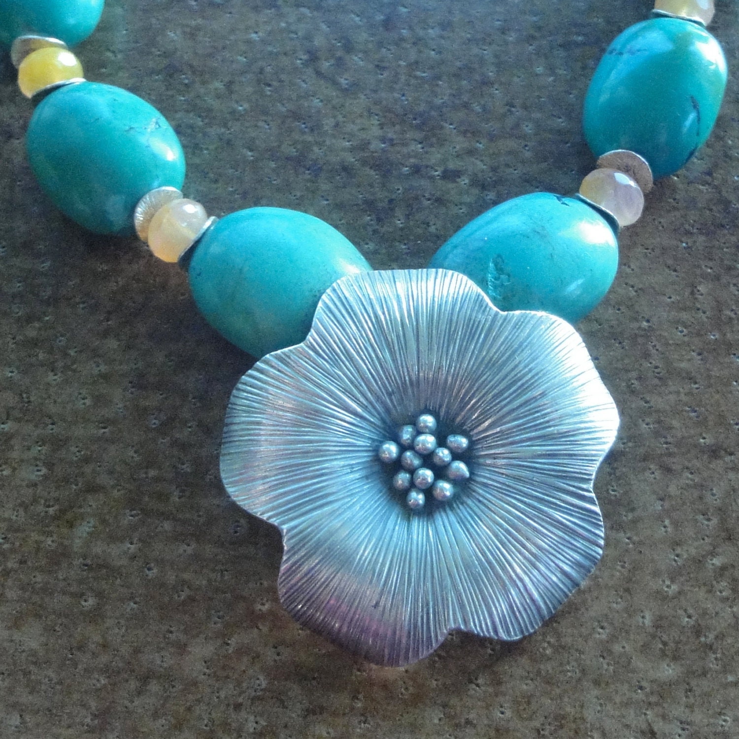 Turquoise Statement Necklace with Hill Tribe Silver Flower Pendant - December Birthstone - Ready to Ship