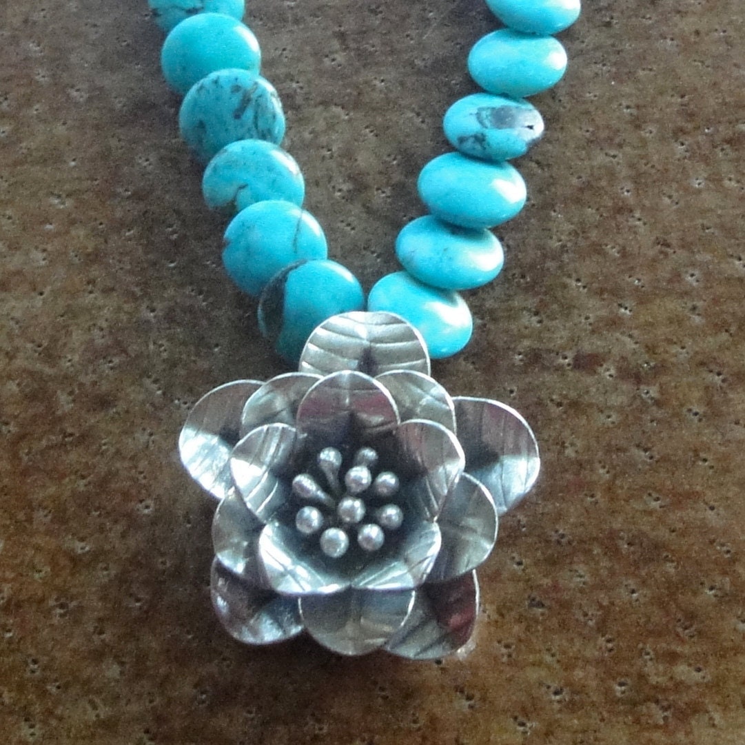 Turquoise Statement Necklace with Hill Tribe Silver Flower Pendant - December Birthstone - Ready to Ship