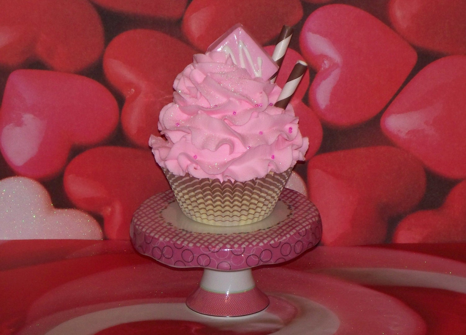 Fake Cupcake Bubblegum Frosting, Fake Pink Candy, Brown Stripe Liner and Straws, perfect Photo Prop, Home Kitchen Decorations