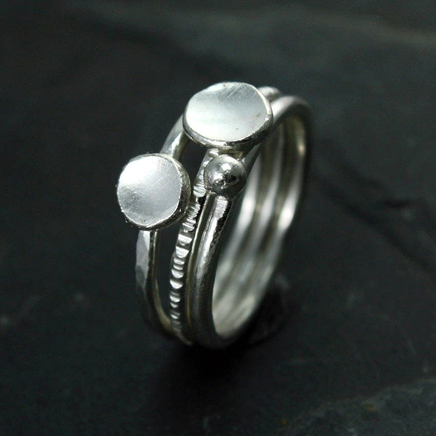 Silver Hammered Stacking Rings with Saucers and Sphere, Set of 3 - FREE Shipping