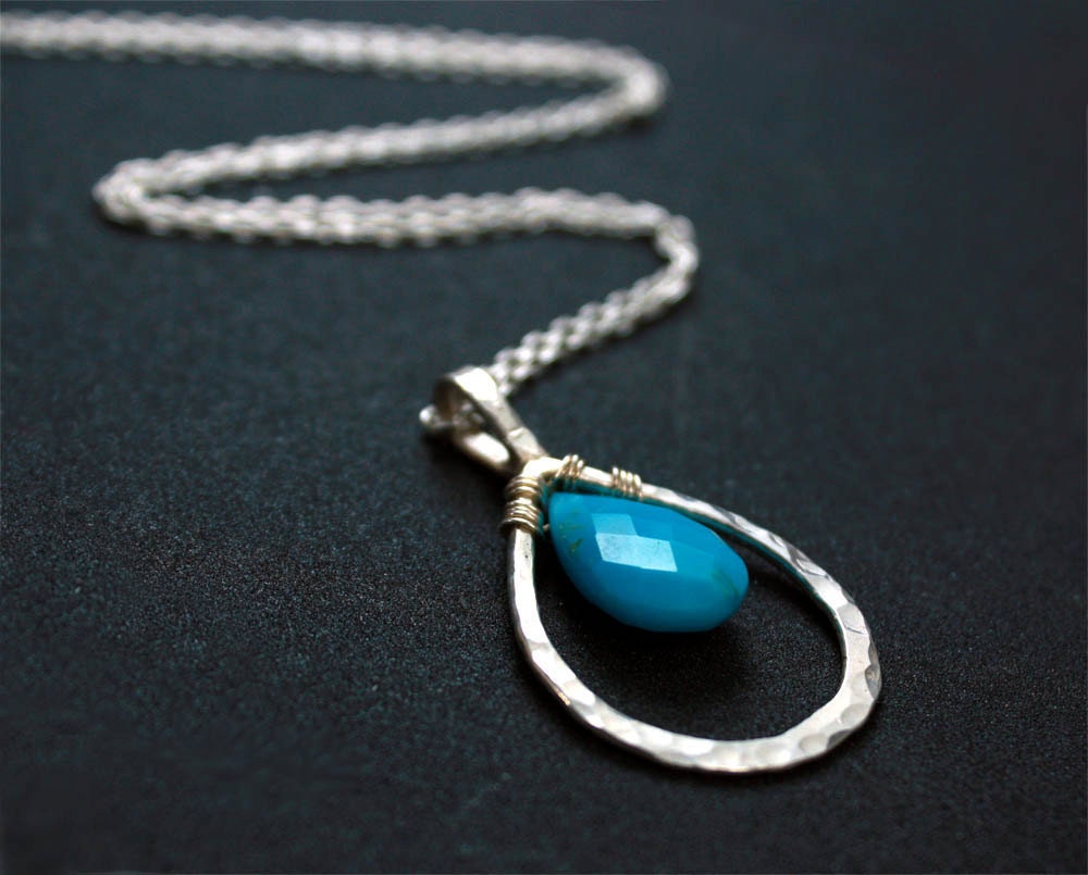 Turquoise and Silver Pendant Necklace - Vibrant and Modern - FREE shipping