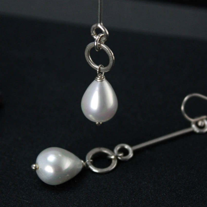 Recycled Silver and Pearl Earrings - On a Moonlit Night - FREE shipping
