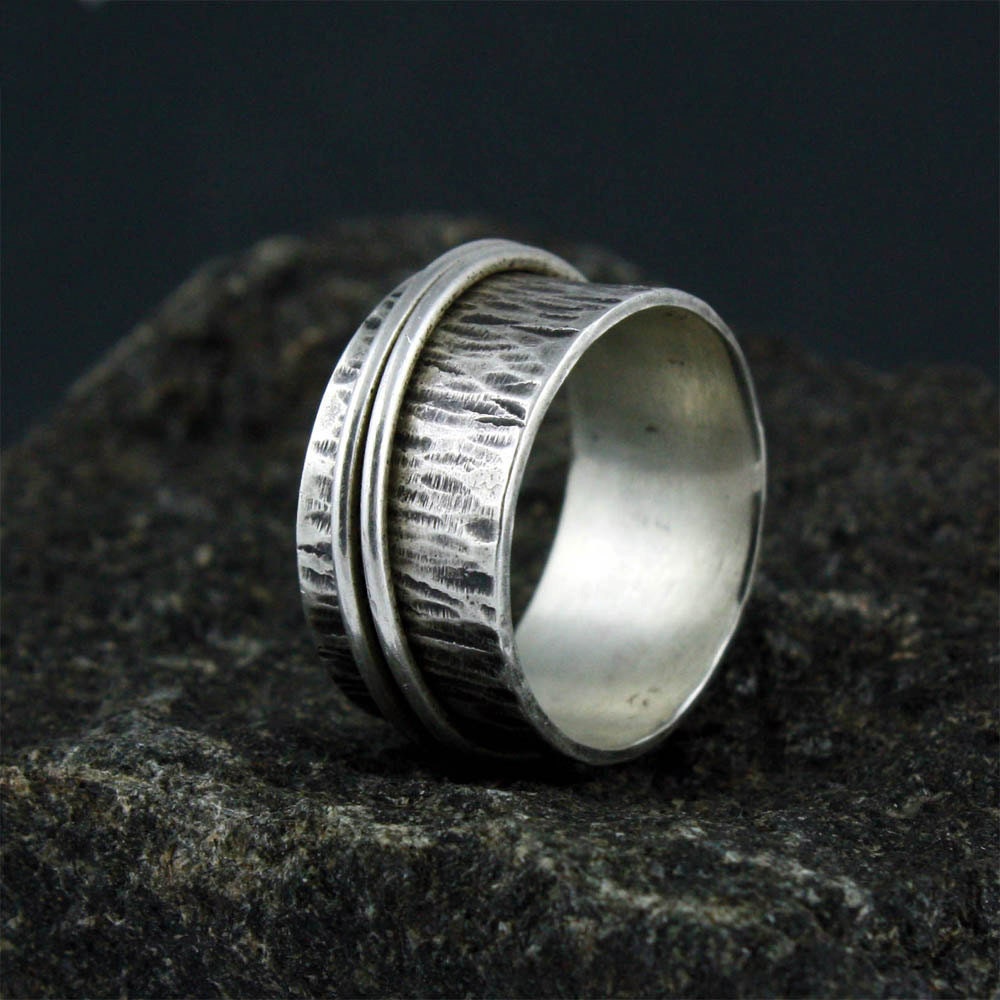 Silver Spinner Ring, Two Bands - Recycled Sterling Fidget Ring, Hammered and Oxidized - FREE shipping
