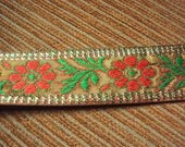 Red and Green Thread Work on Golden Border One Yard India