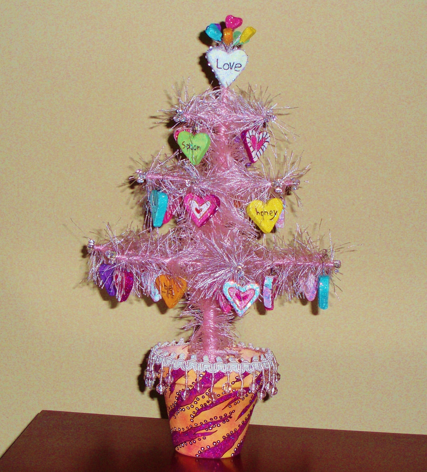 Valentine tree with ornaments, faux feather tabletop tree