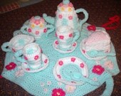 Hand Crocheted Tea Party Set Includes Carry Case/ Tray 13 Pieces Heirloom Gift