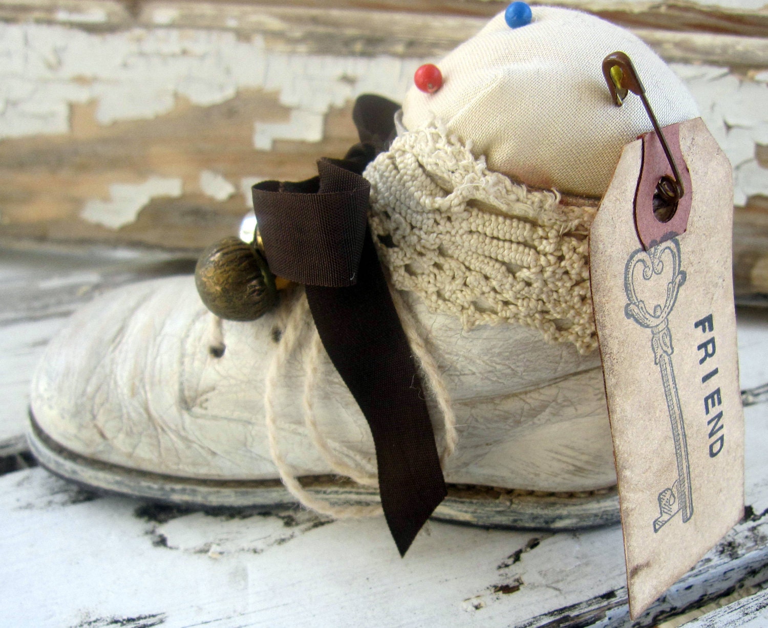 Baby Shoe Pincushion Makedo, Repurposed, upcycled, Vintage, Shabby, Cottage, Primitive, White, Brown, Cssteam, ofg team
